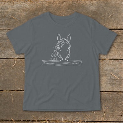 Dark grey t-shirt with a white line drawing of a horse's head emerging from water.
