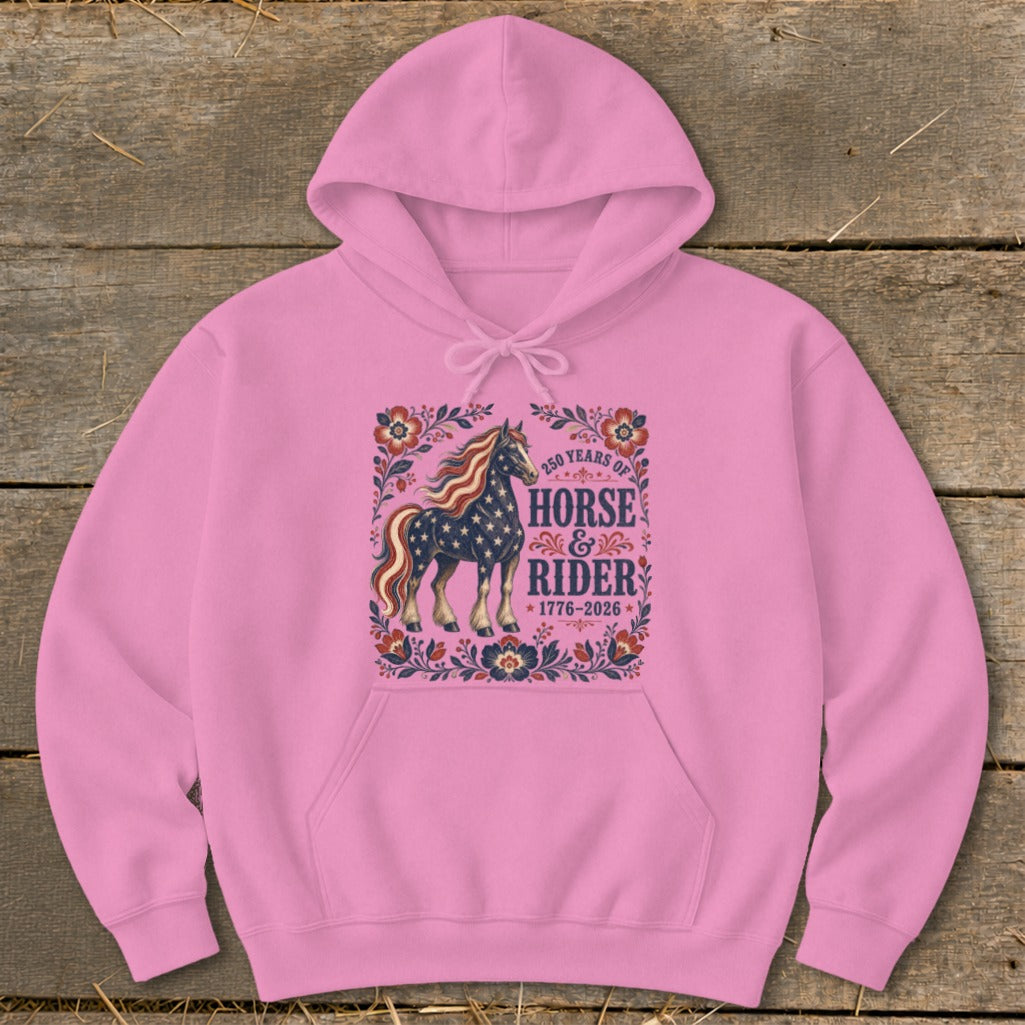 Pink hoodie with patriotic horse and rider design for 250 years.
