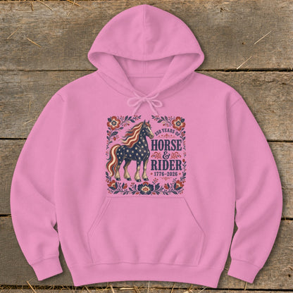 Pink hoodie with patriotic horse and rider design for 250 years.