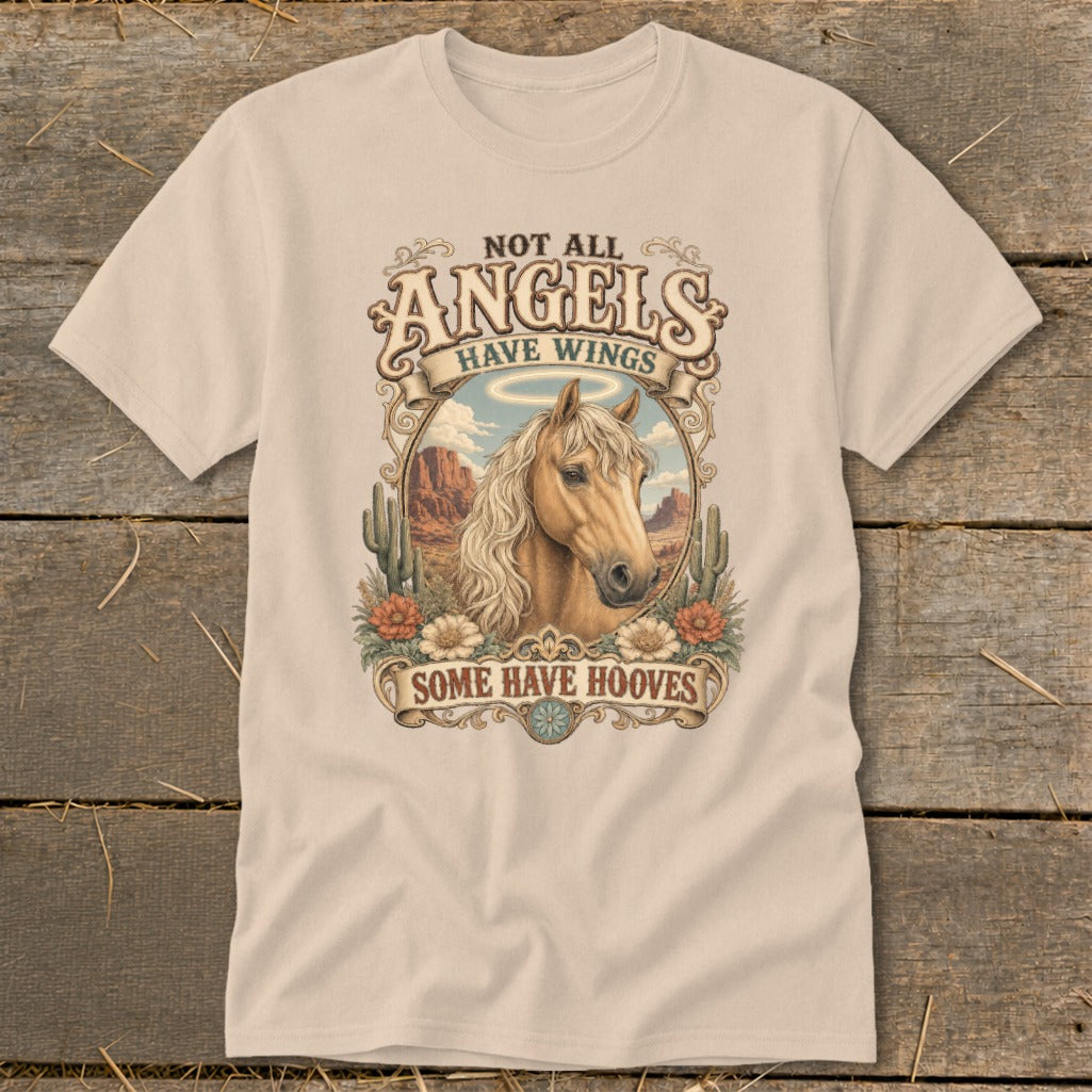 Cream t-shirt with horse portrait and text: "Not all angels have wings, some have hooves."