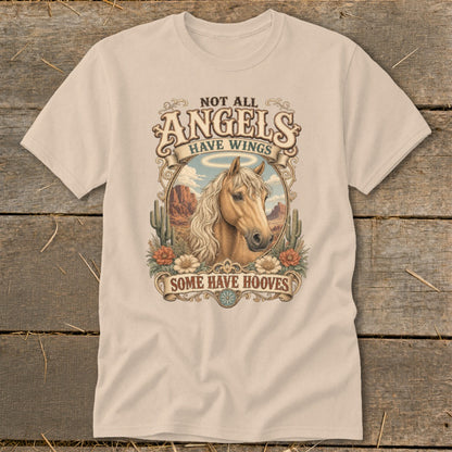 Cream t-shirt with horse portrait and text: "Not all angels have wings, some have hooves."