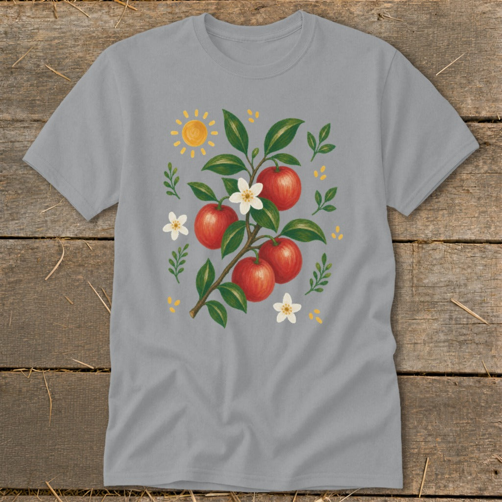 Grey t-shirt with painted apples, white flowers, and yellow sun illustration.