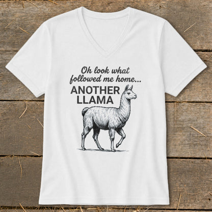 White t-shirt with a drawing of a llama and text: "Oh look what followed me home... ANOTHER LLAMA."