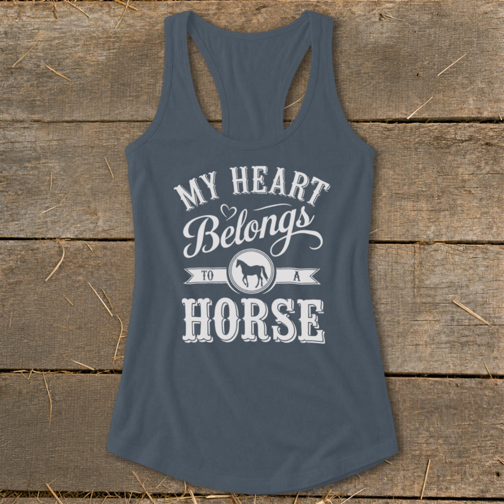 Tank top with "My Heart Belongs To A Horse" text and horse silhouette.
