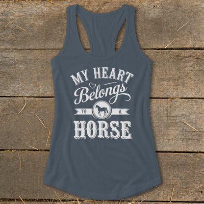 Tank top with "My Heart Belongs To A Horse" text and horse silhouette.