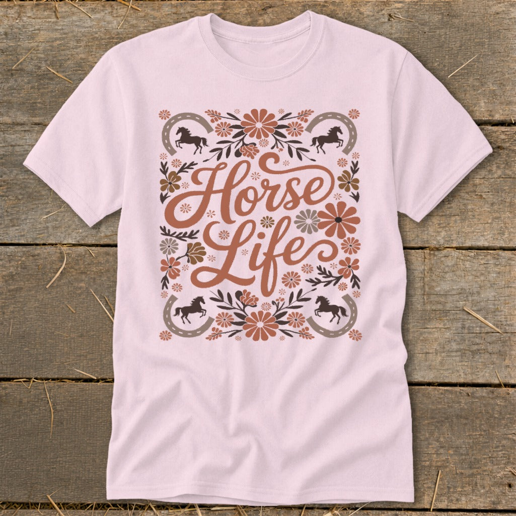 Pink t-shirt with "Horse Life" text, horses, and floral design.