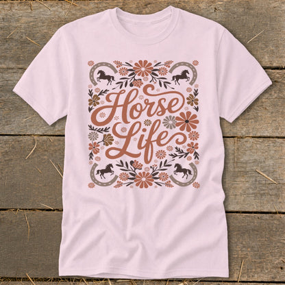 Pink t-shirt with "Horse Life" text, horses, and floral design.