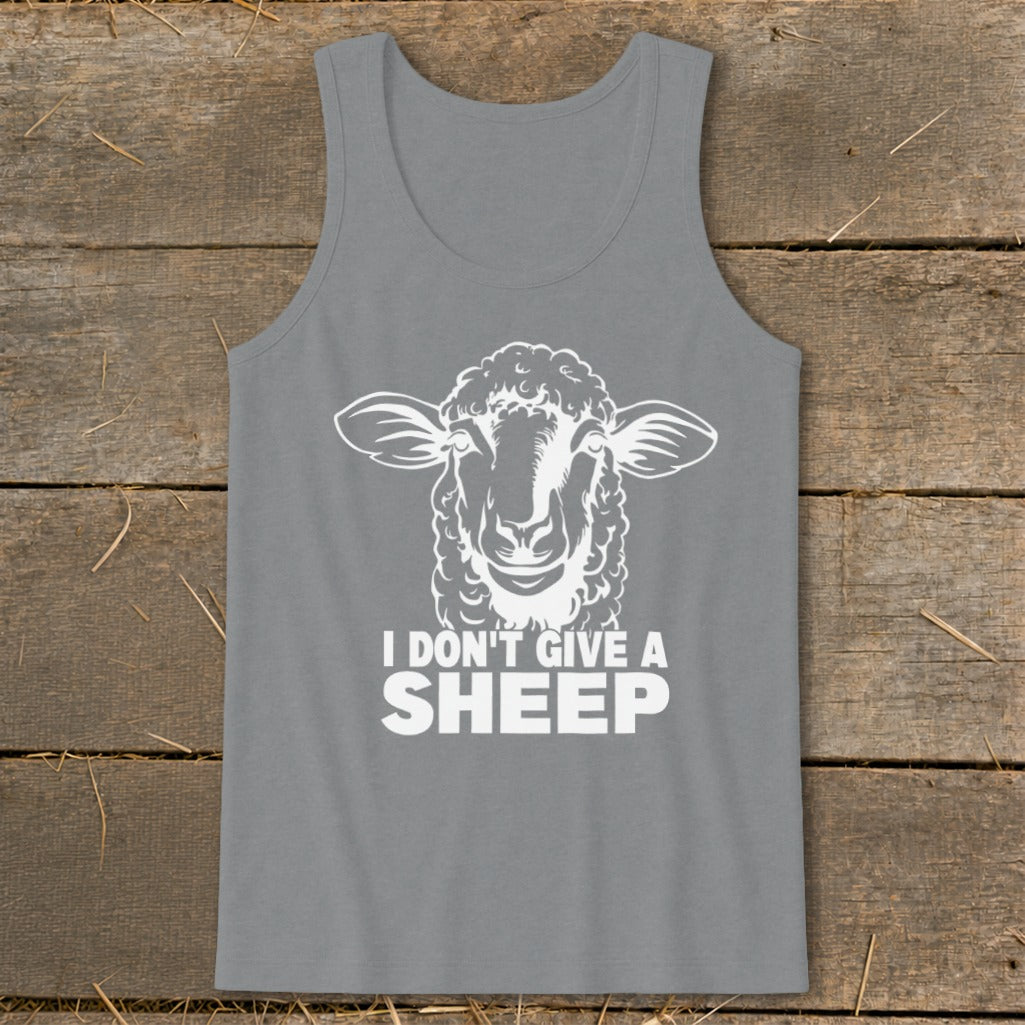 Gray tank top with white sheep graphic and "I DON'T GIVE A SHEEP" text.