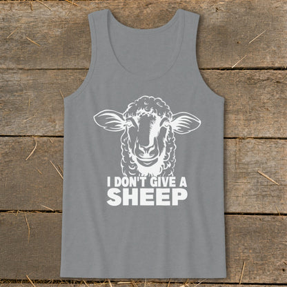 Gray tank top with white sheep graphic and "I DON'T GIVE A SHEEP" text.