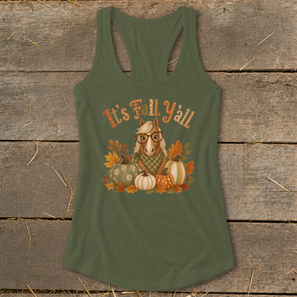 Horse with glasses and bandana surrounded by pumpkins and fall leaves, text "It's Fall Y'all".