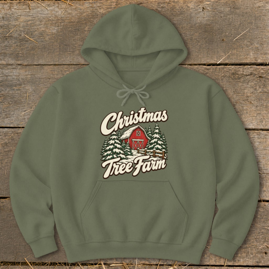 Olive green hoodie with "Christmas Tree Farm" text and barn graphic.