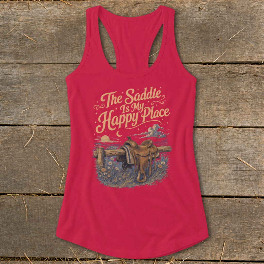 Red tank top with "The Saddle Is My Happy Place" text and saddle graphic.