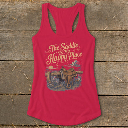 Red tank top with "The Saddle Is My Happy Place" text and saddle graphic.