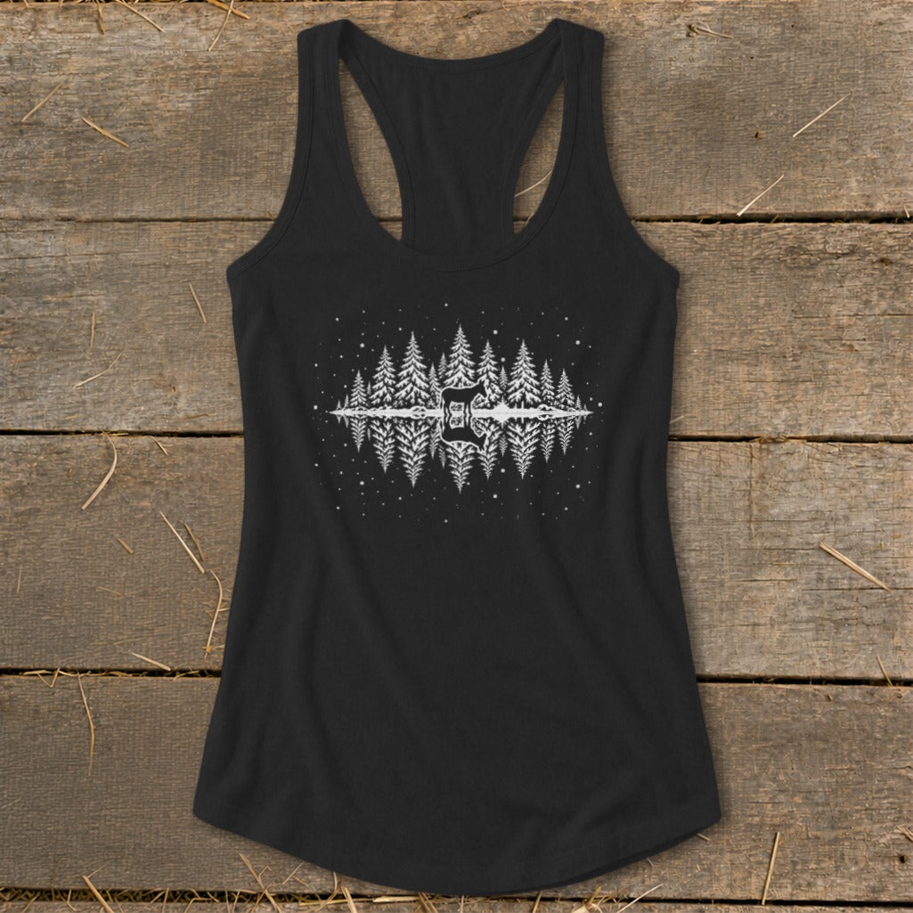 Black tank top with a white graphic of pine trees reflecting in water with a guitar silhouette.