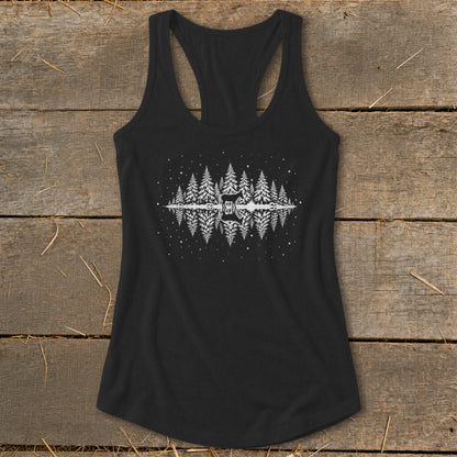 Black tank top with a white graphic of pine trees reflecting in water with a guitar silhouette.