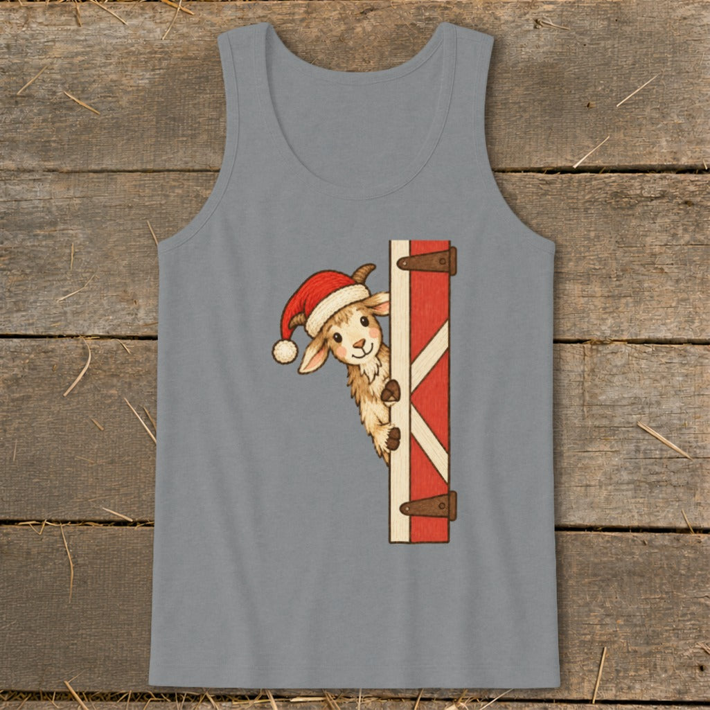Cartoon goat wearing Santa hat peeking from behind barn door on tank top.