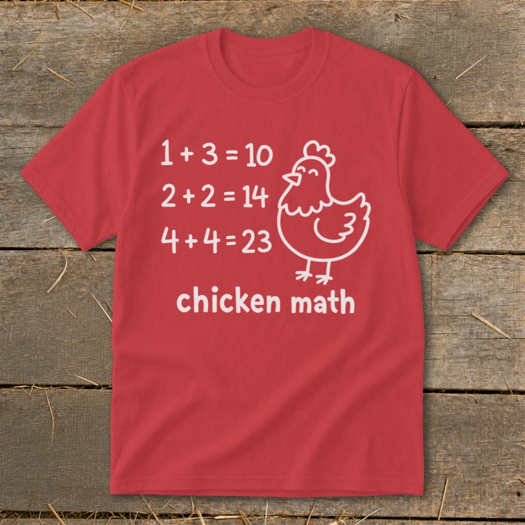 Red t-shirt with white text and chicken graphic reading "chicken math" and equations.