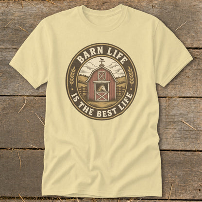 Yellow t-shirt with circular graphic: Barn Life Is The Best Life and red barn with horse.