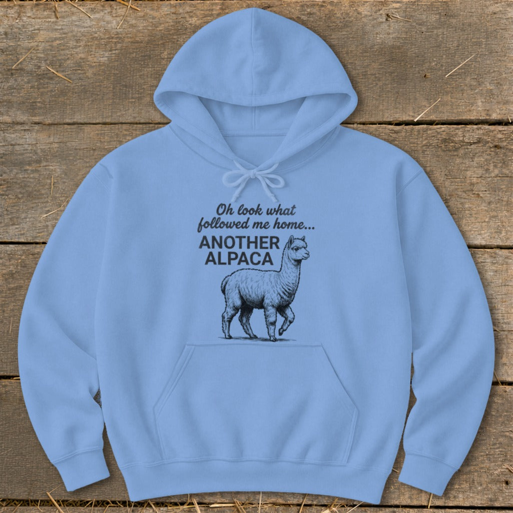 Light blue hoodie with "Oh look what followed me home... ANOTHER ALPACA" text and alpaca illustration.