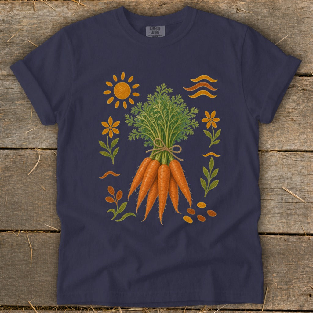 Dark blue t-shirt with a graphic of a bunch of carrots surrounded by flowers and sun.