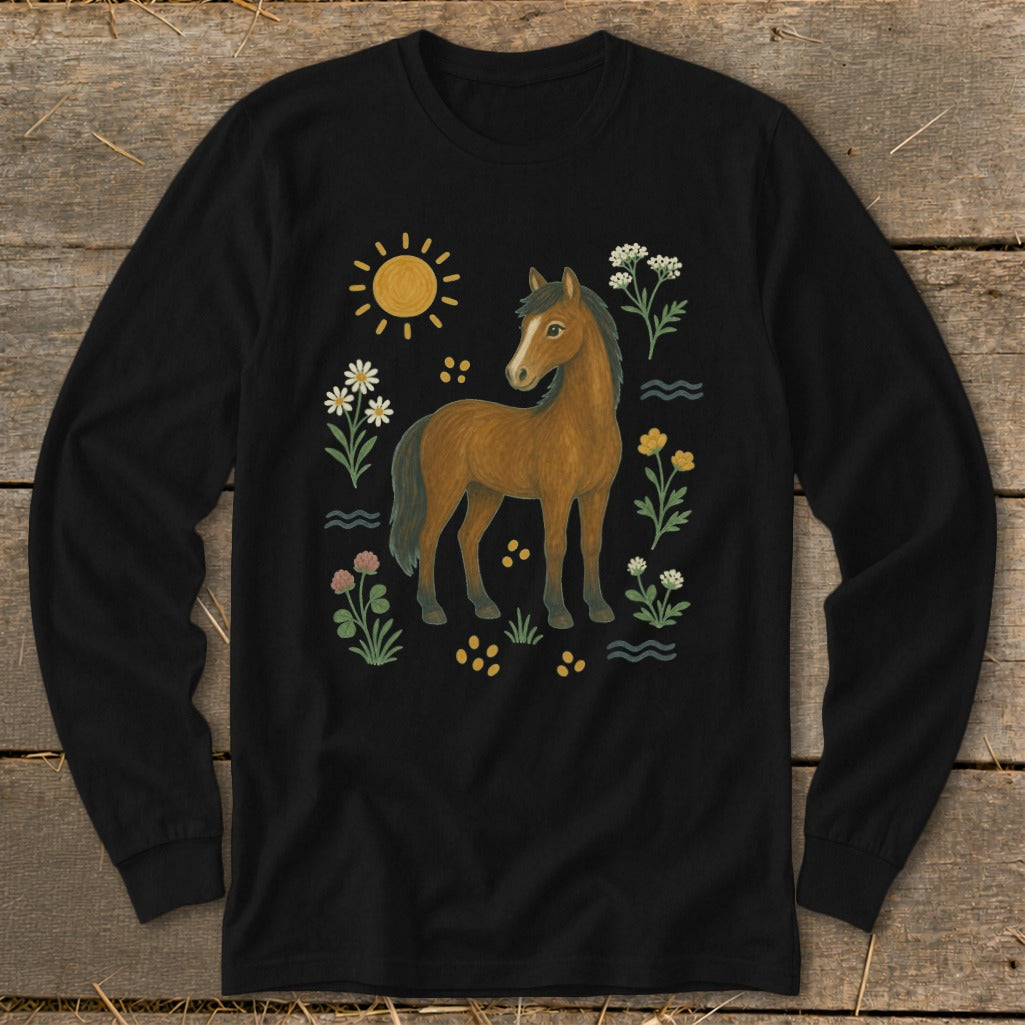 Black long-sleeve shirt with a brown horse, sun, and flowers illustration.