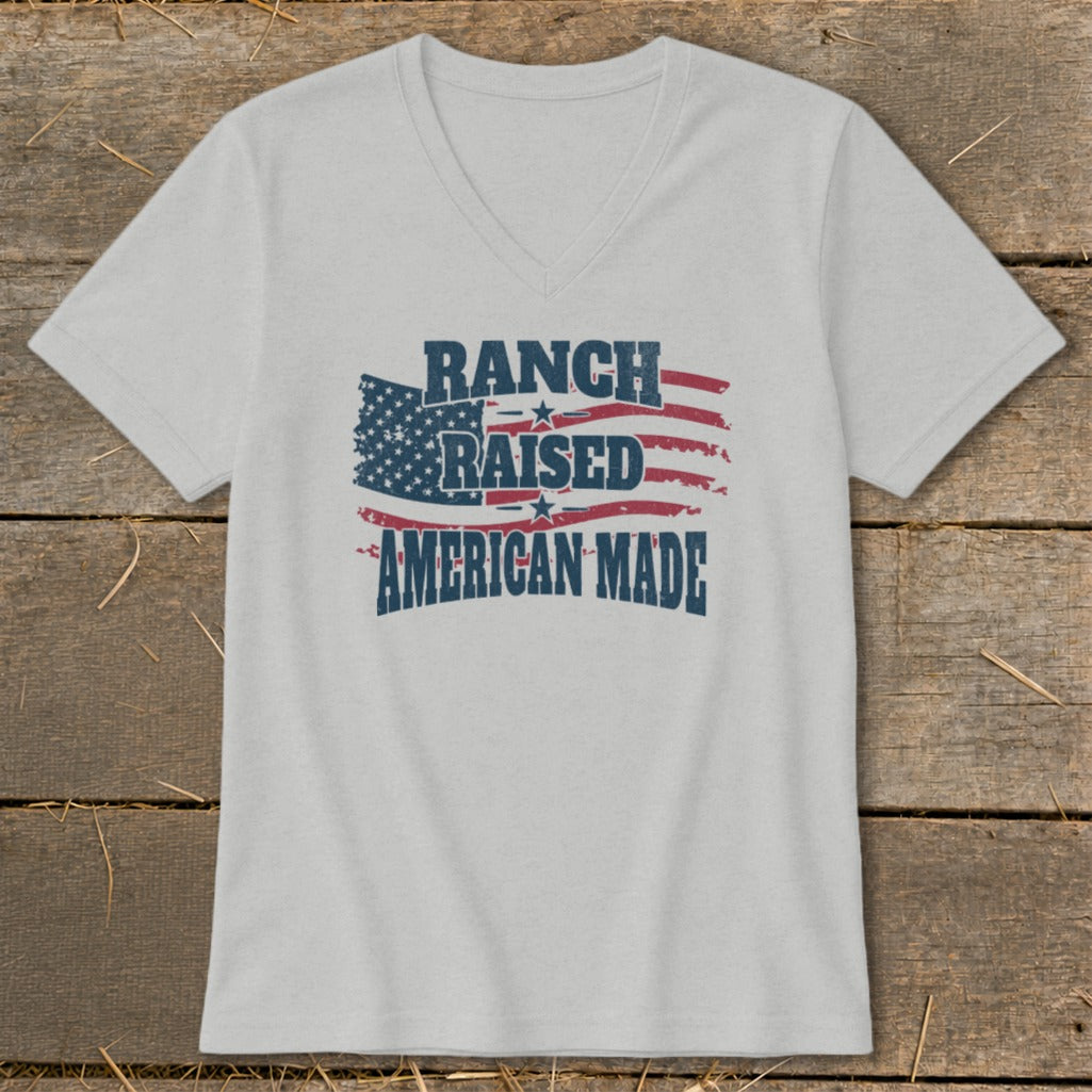Light grey t-shirt with distressed American flag and text "Ranch Raised American Made".