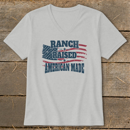 Light grey t-shirt with distressed American flag and text "Ranch Raised American Made".