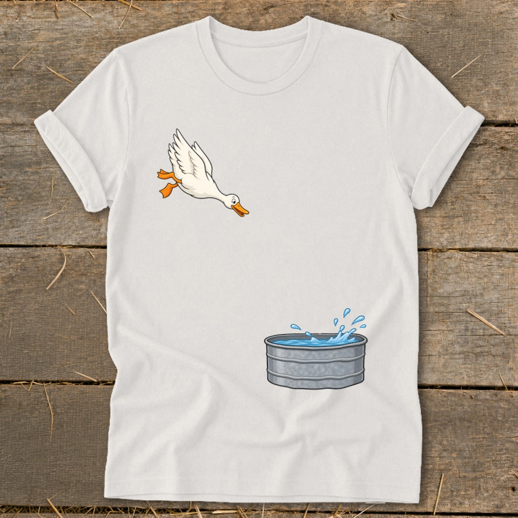 White t-shirt with cartoon goose jumping into galvanized tub of water.