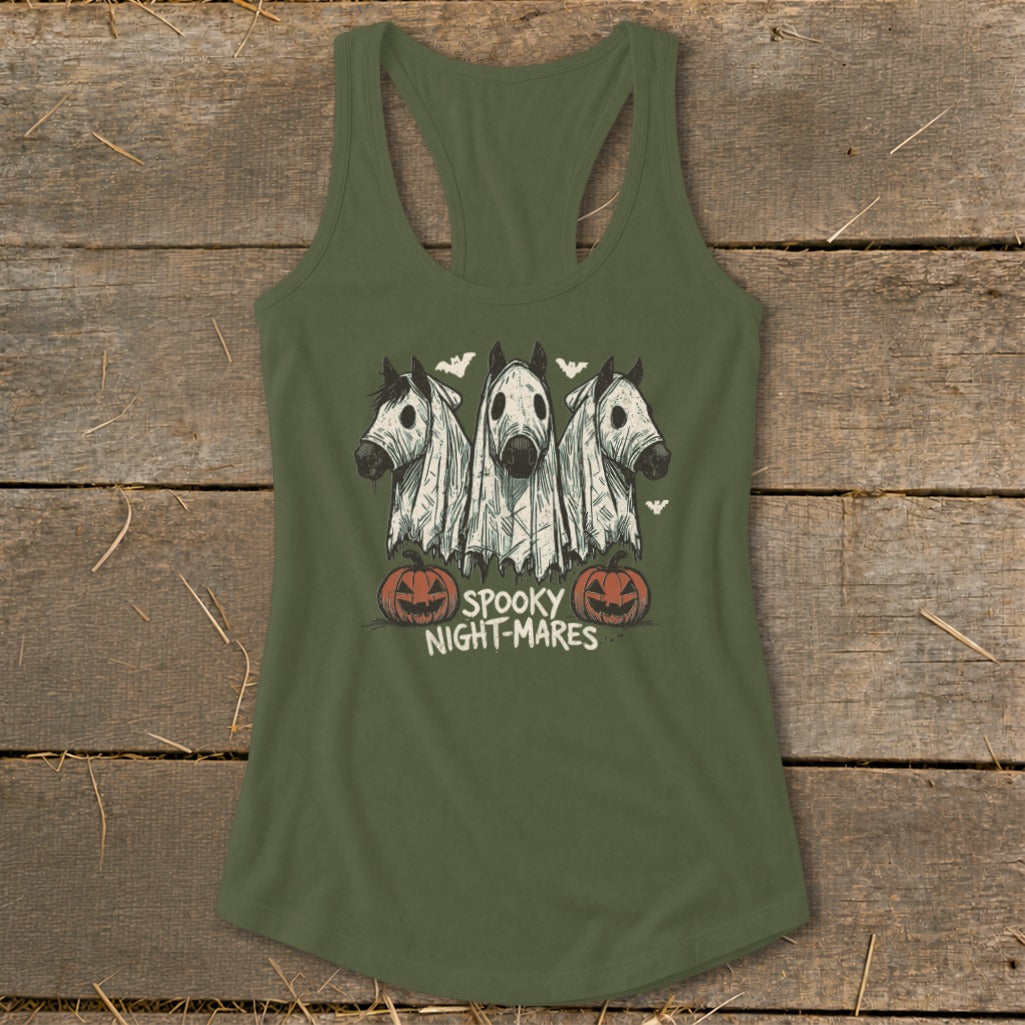 Three horses in ghost costumes with pumpkins and text "SPOOKY NIGHT-MARES".