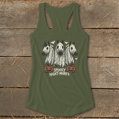 Three horses in ghost costumes with pumpkins and text "SPOOKY NIGHT-MARES".