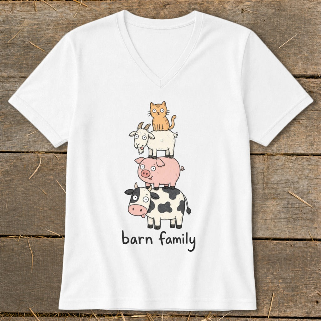 White v-neck t-shirt with cartoon cow, pig, goat, and cat stacked with text "barn family".