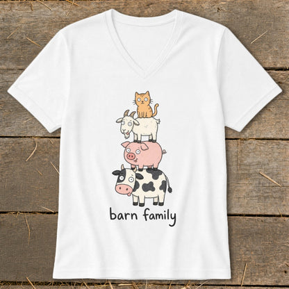 White v-neck t-shirt with cartoon cow, pig, goat, and cat stacked with text "barn family".