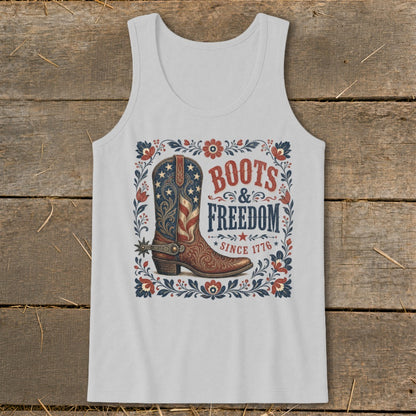 White tank top with "Boots & Freedom Since 1776" and cowboy boot graphic.