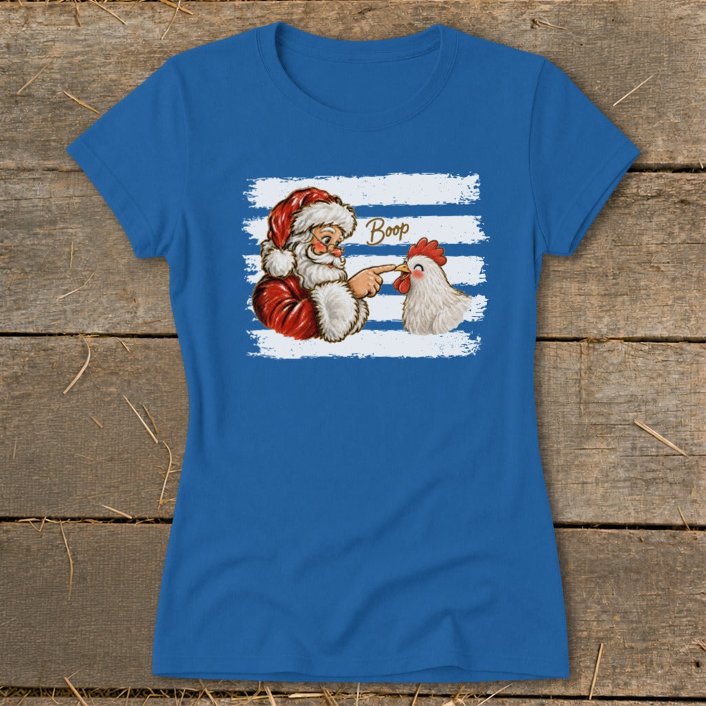 Santa booping a chicken with the word "Boop" on a blue striped background.