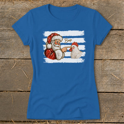 Santa booping a chicken with the word "Boop" on a blue striped background.