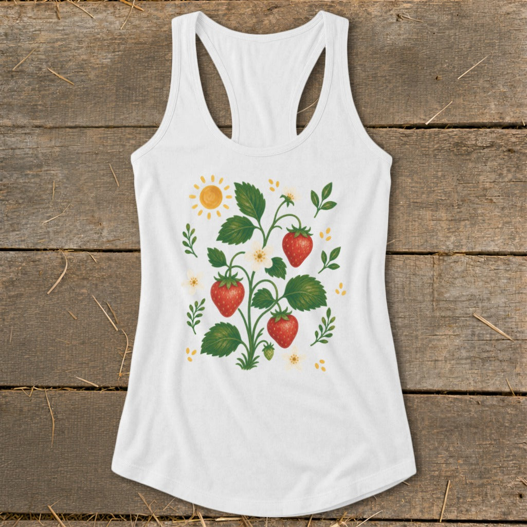 White tank top with a watercolor illustration of strawberries, leaves, flowers, and sun.