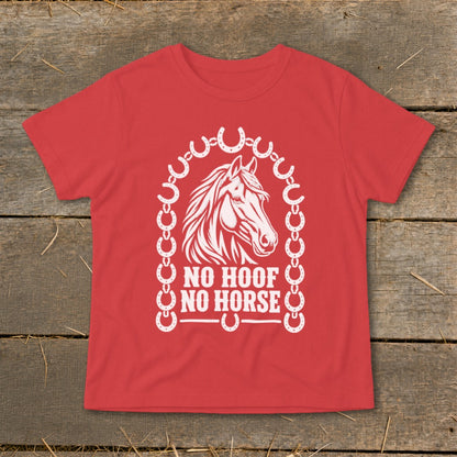 Red t-shirt with white horse graphic and "NO HOOF NO HORSE" text.