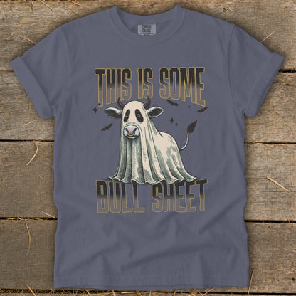 Ghost cow with bull sheet text and bats on t-shirt