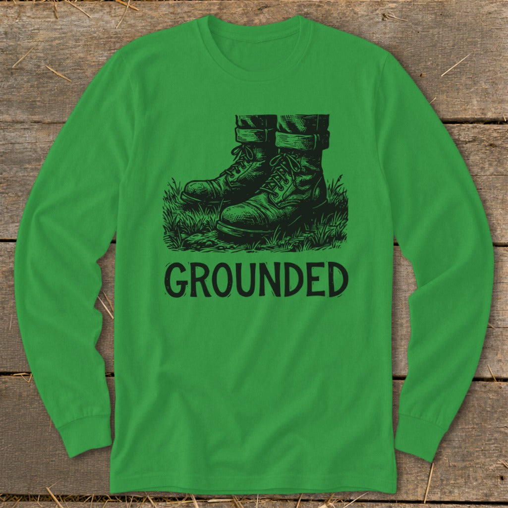 Green long sleeve shirt with black graphic of boots and "GROUNDED" text.