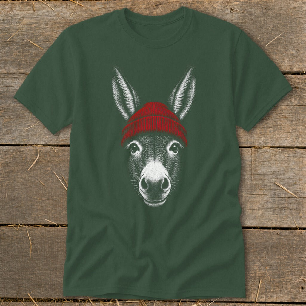 Dark green t-shirt featuring a white line drawing of a donkey wearing a red knit beanie.