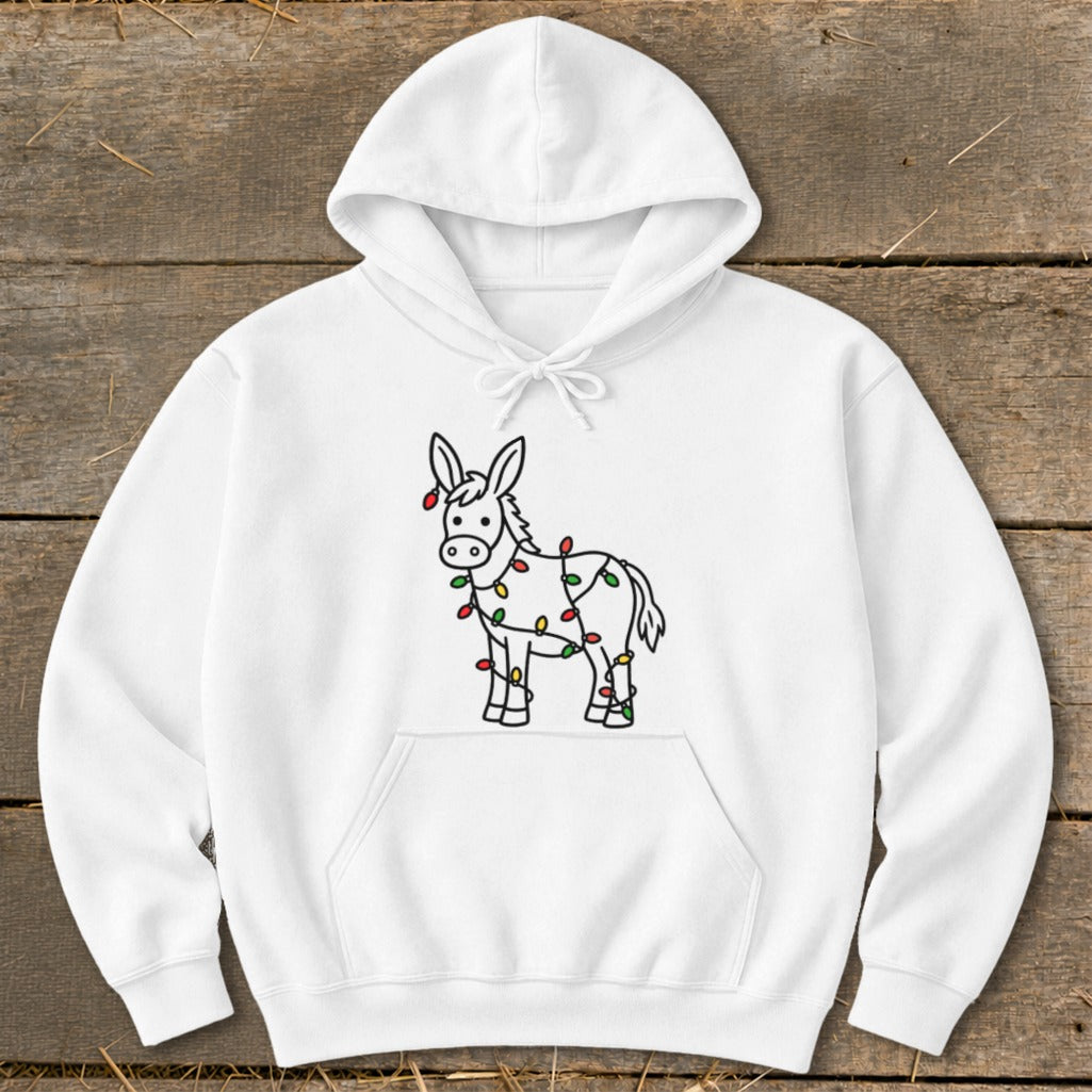 White hoodie with a line drawing of a donkey wrapped in colorful Christmas lights.