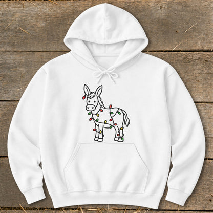 White hoodie with a line drawing of a donkey wrapped in colorful Christmas lights.