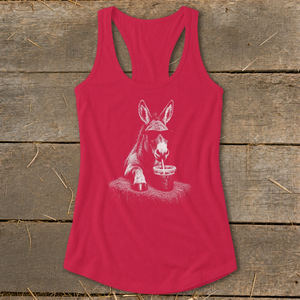 Pink tank top with white graphic of a donkey wearing sunglasses drinking from a cup.