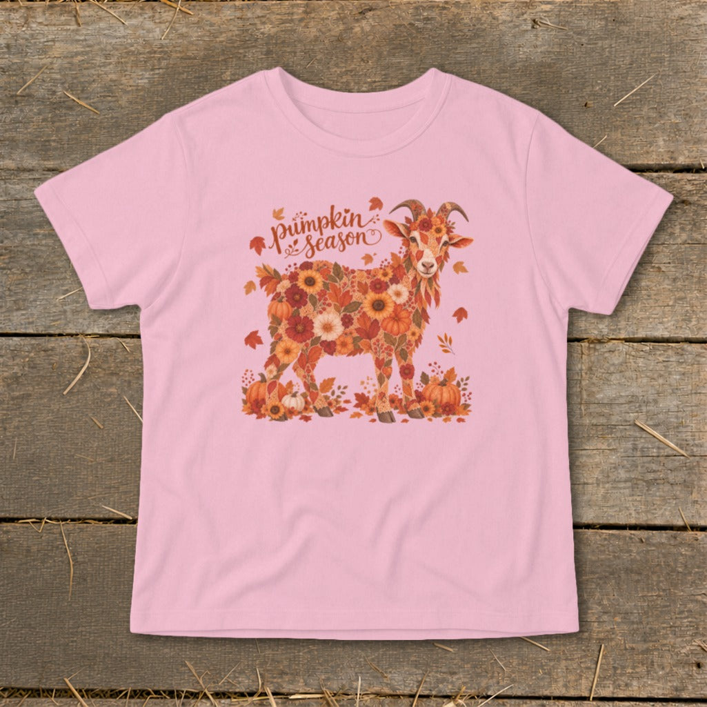 Pink t-shirt with goat made of flowers and text "pumpkin season".