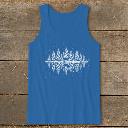 Blue tank top with a white winter forest reflection graphic and snow dots.
