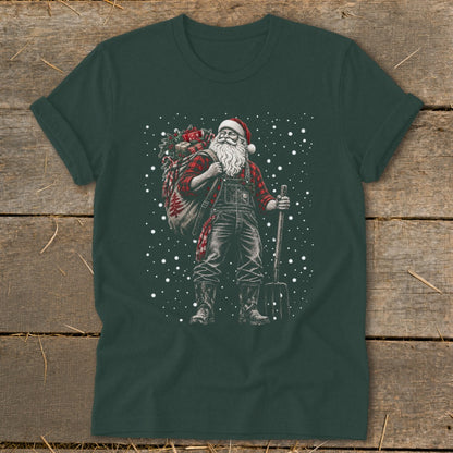 Santa Claus in overalls carrying a sack of gifts and a pitchfork on a snowy background.