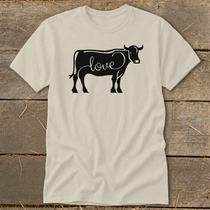 Light tan t-shirt with black outline of a cow with the word "love" inside.