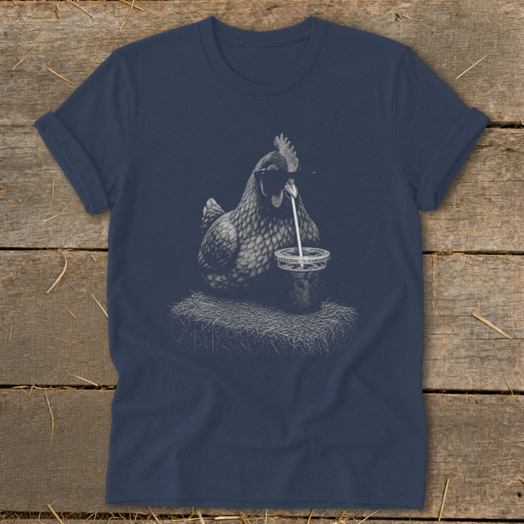 Navy t-shirt with graphic of a chicken drinking from a cup with a straw.