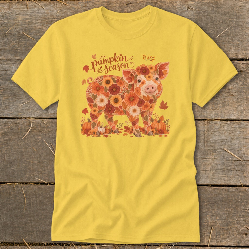 Yellow t-shirt with a pig made of flowers and "Pumpkin Season" text.