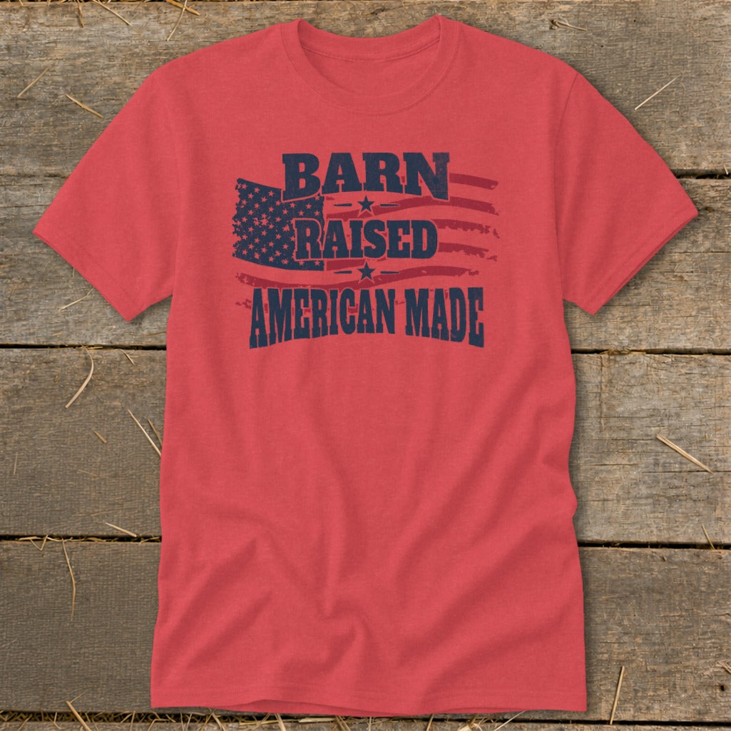 Red t-shirt with "Barn Raised American Made" text and an American flag graphic.